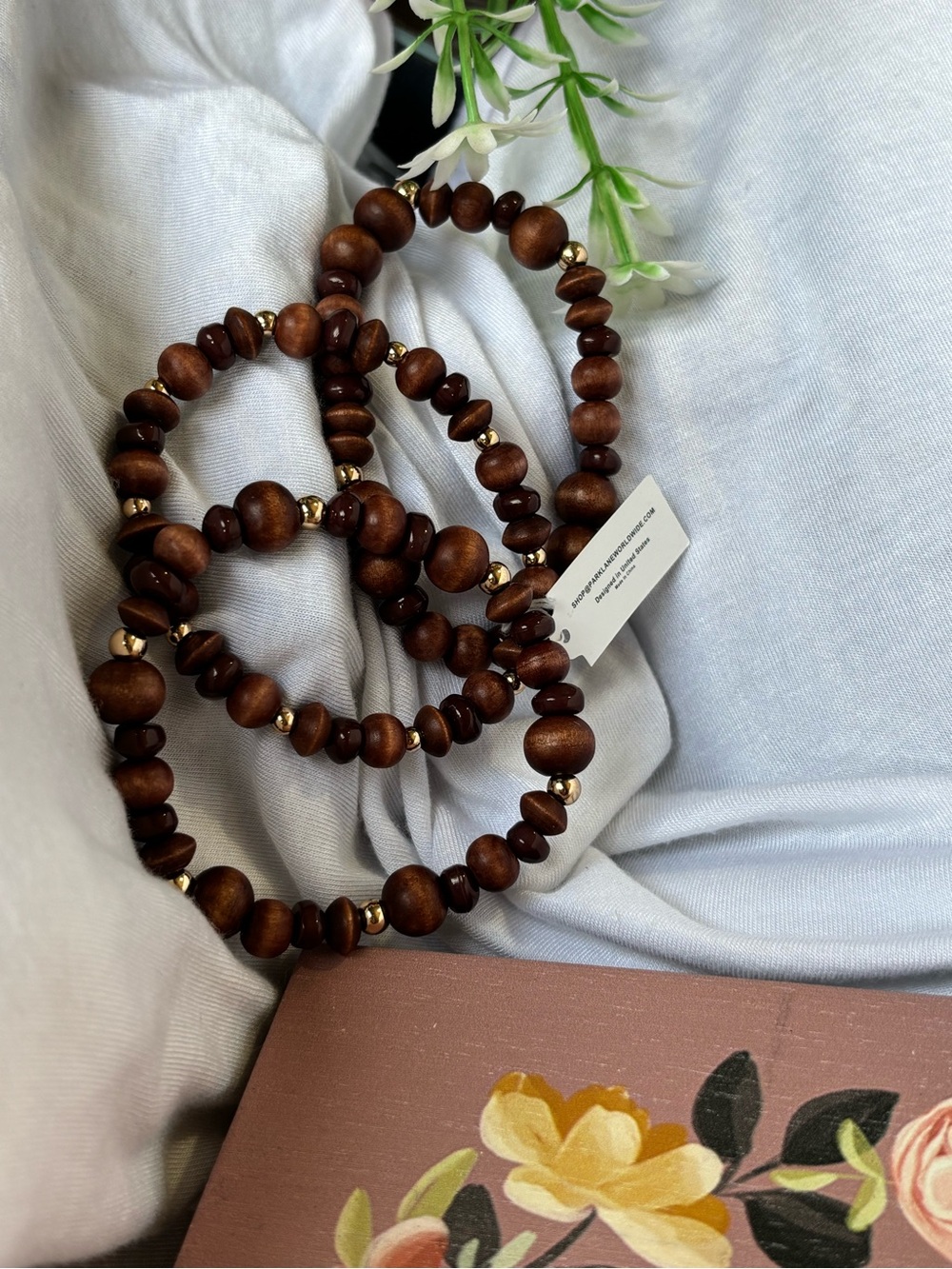 Park Lane Driftwood Brown Wooden and Golden Bead Bracelet Set of 3 - Picture 6 of 8